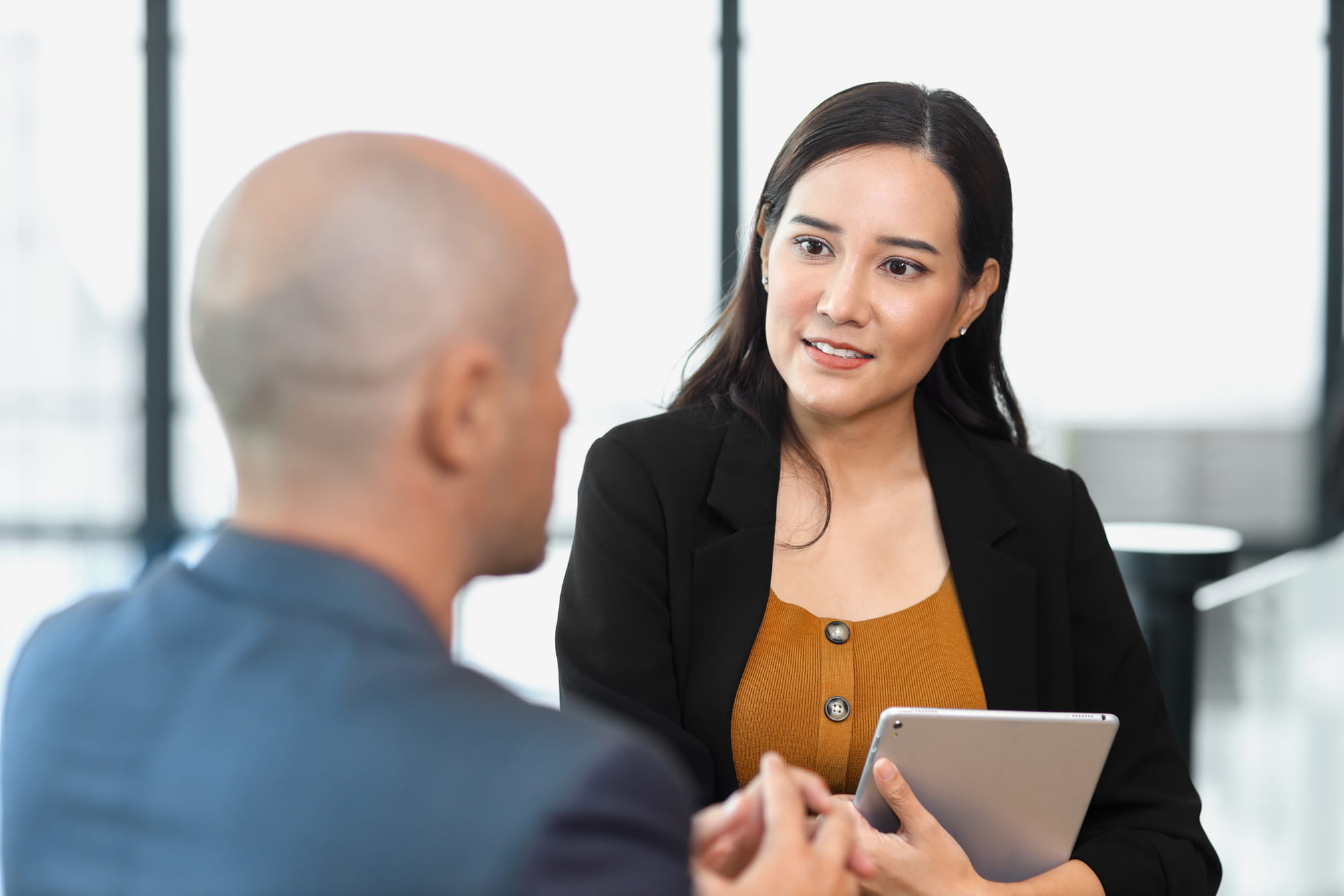 Woman and man talking to each other