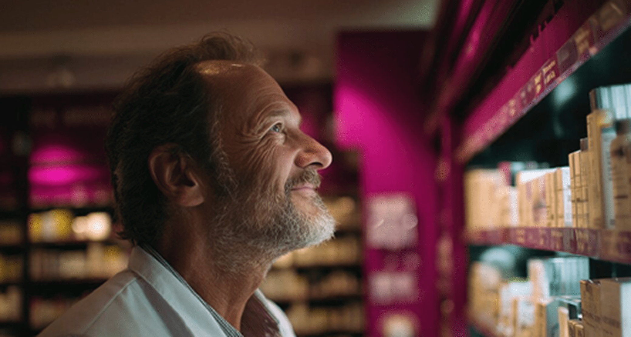 Pharmacist looking at the shelves with products in a pharmacy setting