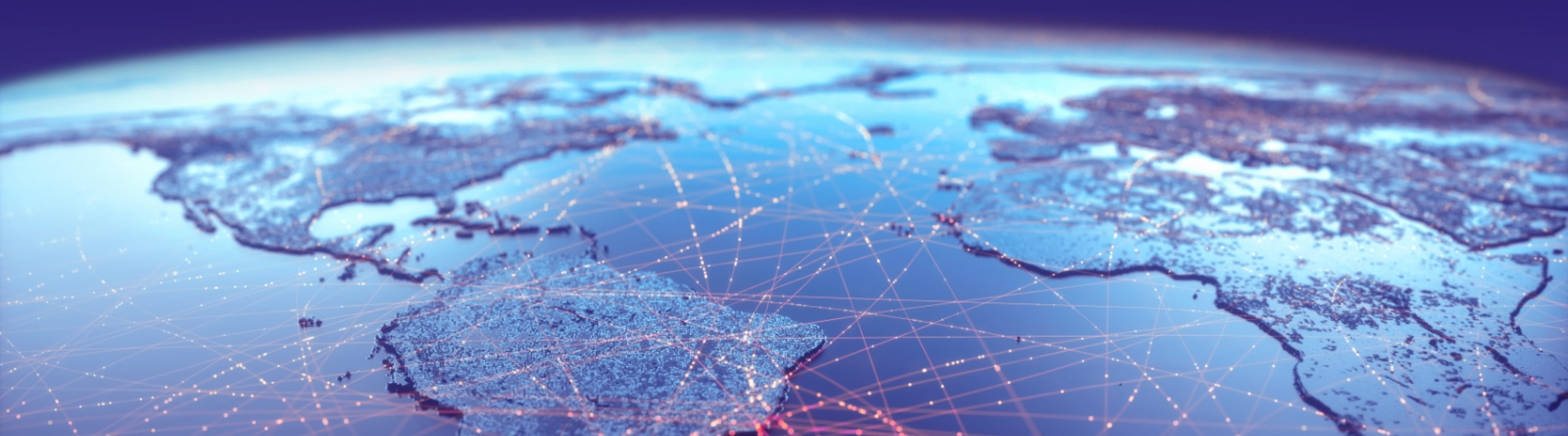 An illustrated, aerial topographic map of Earth. The water and land are both shades of blue, with many thin pink lines overlaid that mimic flight patterns.