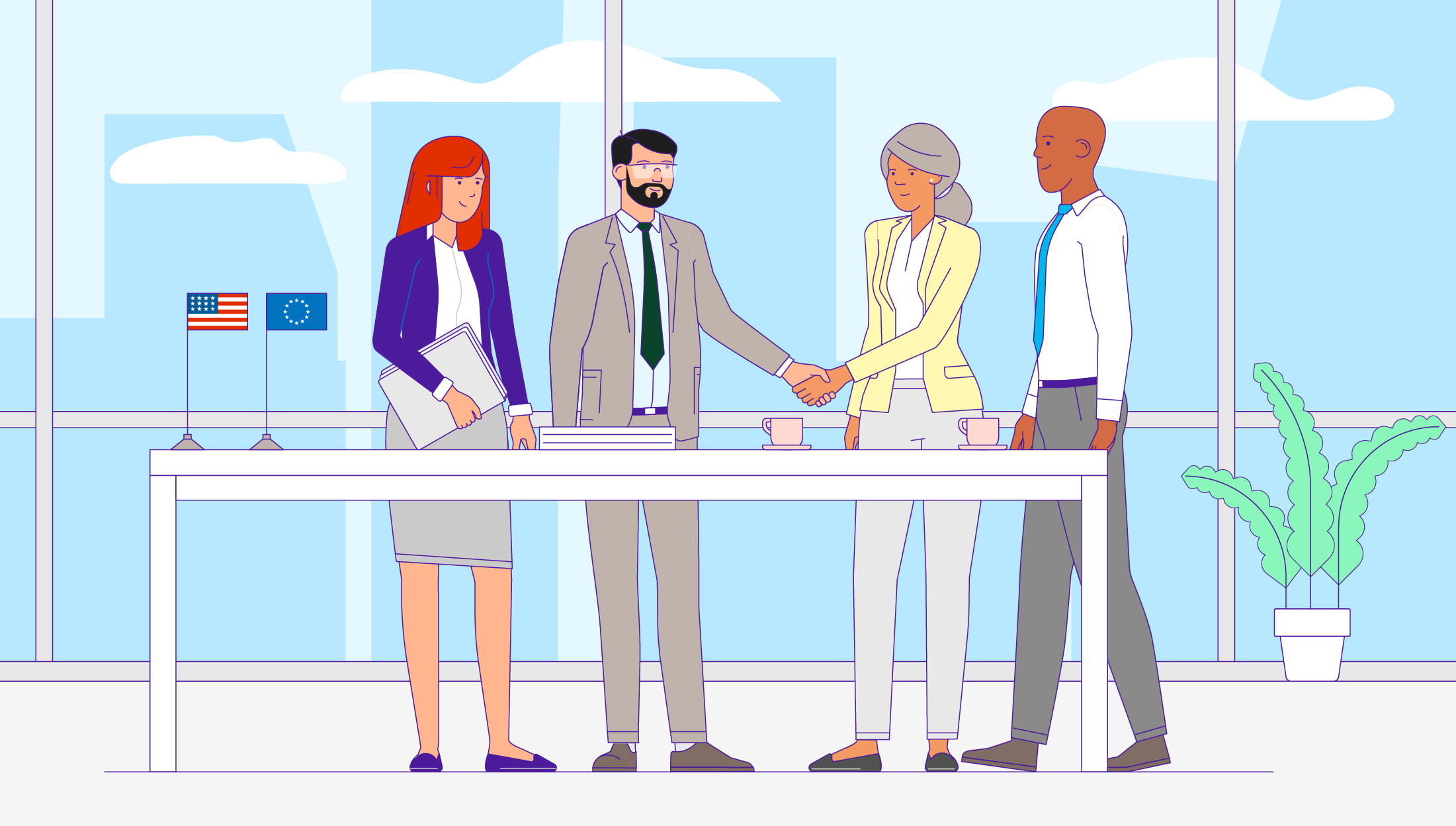 Two men and two women meet in an office decorated with the flags of the United States and the European Union. One man and one woman shake hands.