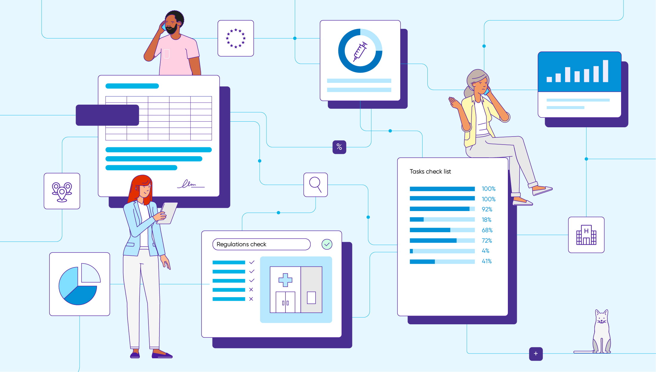 A fanciful collage representing a variety of business tasks. Two women and one man engage in business-related activity.