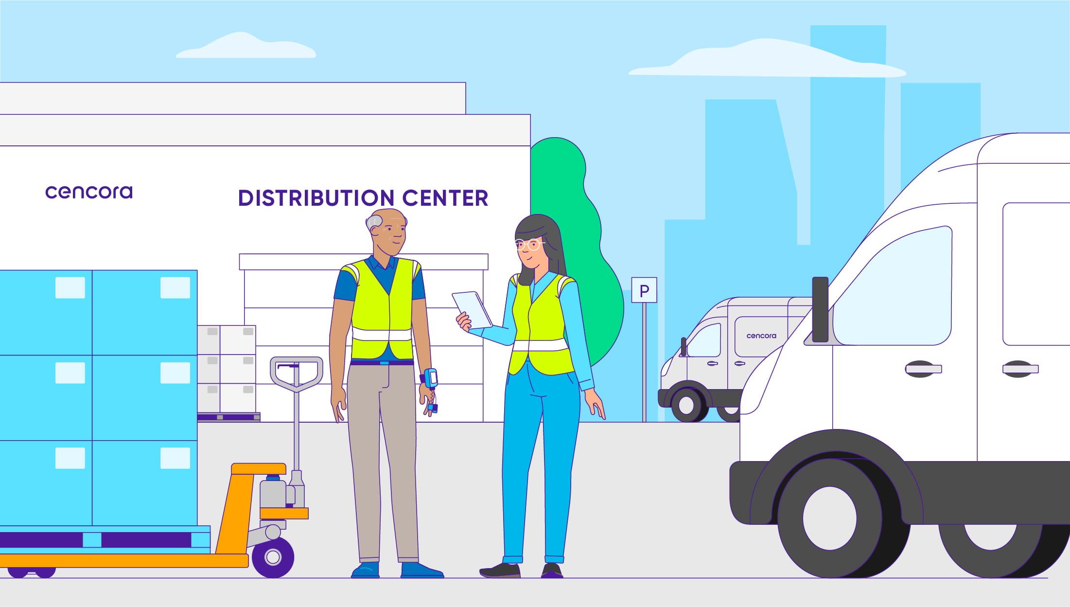 A man and a woman wearing safety vests converse in a distribution center parking lot. Two delivery vans and a pallet jack surround them.