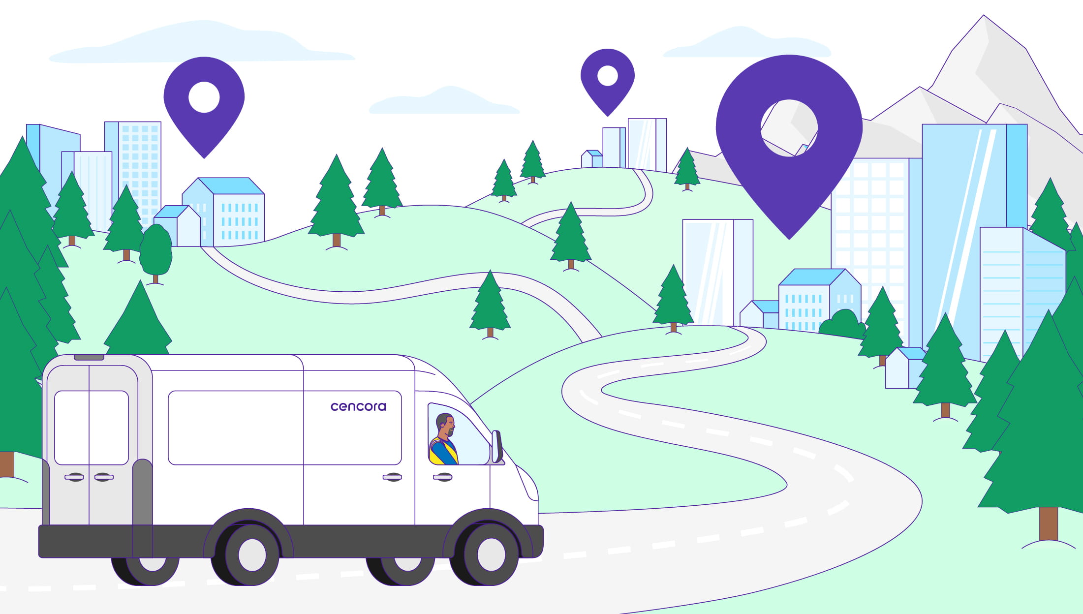 A white Cencora delivery van drives down a winding city road.