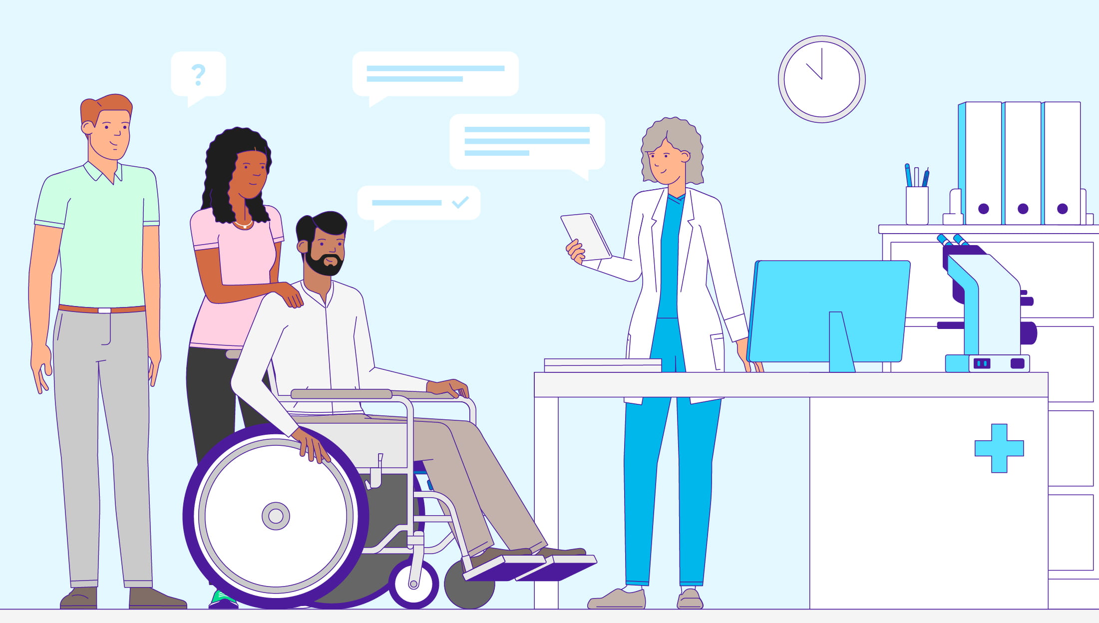 A gentleman in a wheelchair, along with a standing man and woman, consult a medical professional in a clinical setting.