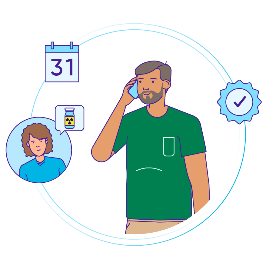 An illustration of a man speaking to a female medical practitioner on the phone. A calendar and nuclear symbol indicate a sense of urgency.