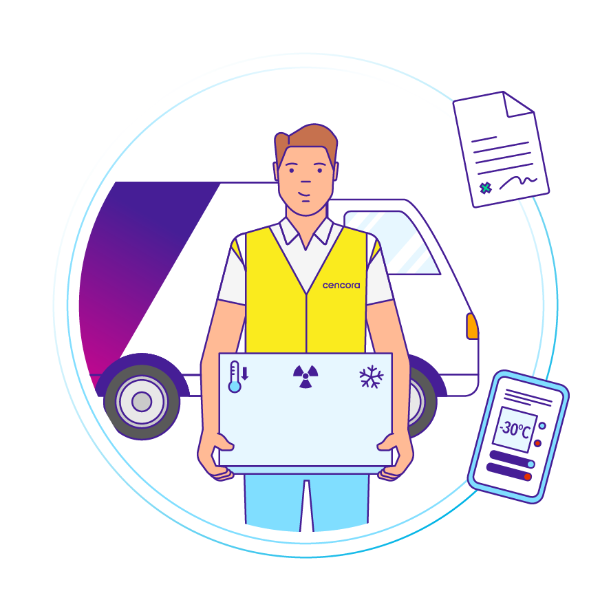 An illustration of a man carrying a radiopharmaceutical treatment in front of a Cencora delivery vehicle.