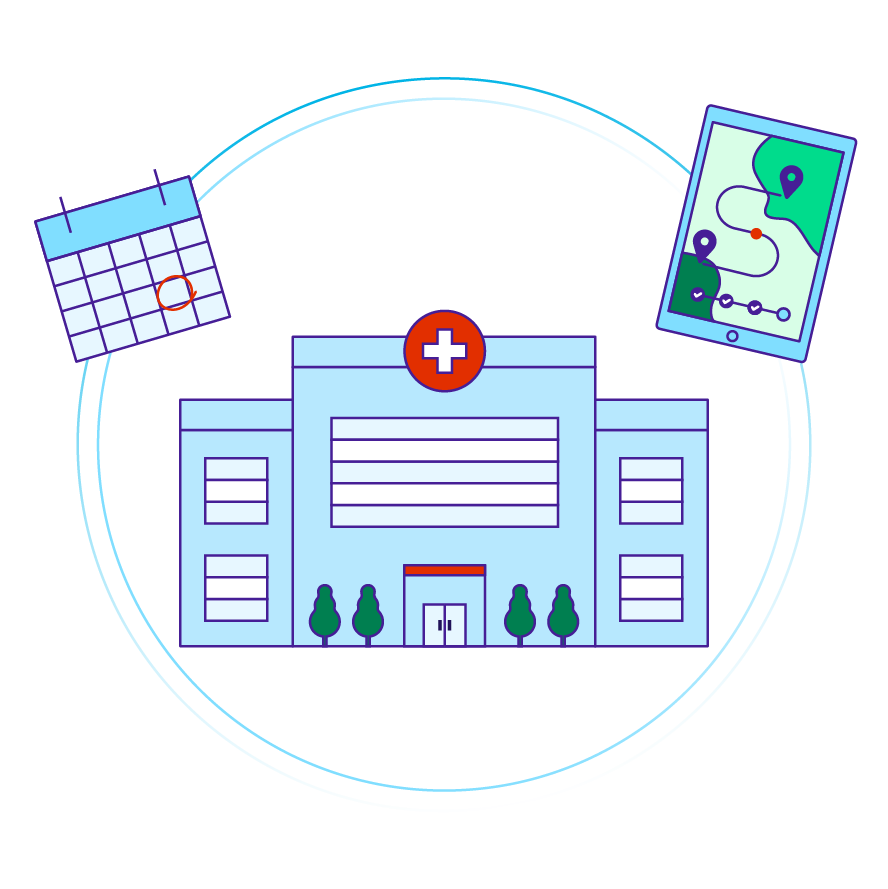 An illustration of a hospital building. There are also icons for a calendar and a digital tablet showing a transportation route.