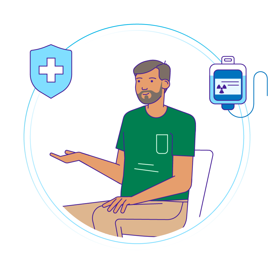 An illustration of a man wearing a green shirt seated and waiting for his radiopharmaceutical infusion to begin. Includes icons indicating a medical facility and radioactive medicine.