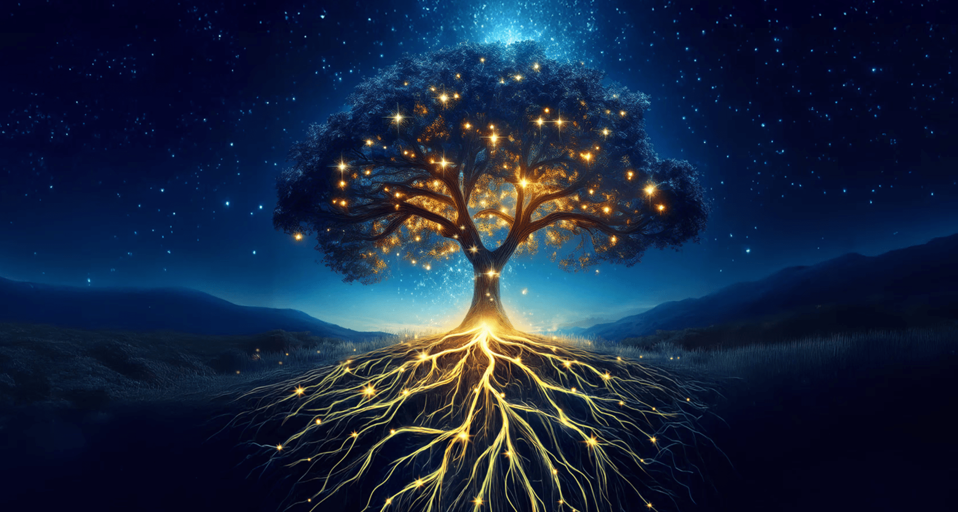 A tree stands tall in an open landscape, glowing in the moonlight against the night sky. There are bright embers scattered in the branches, and the roots are illuminated by flowing energy.