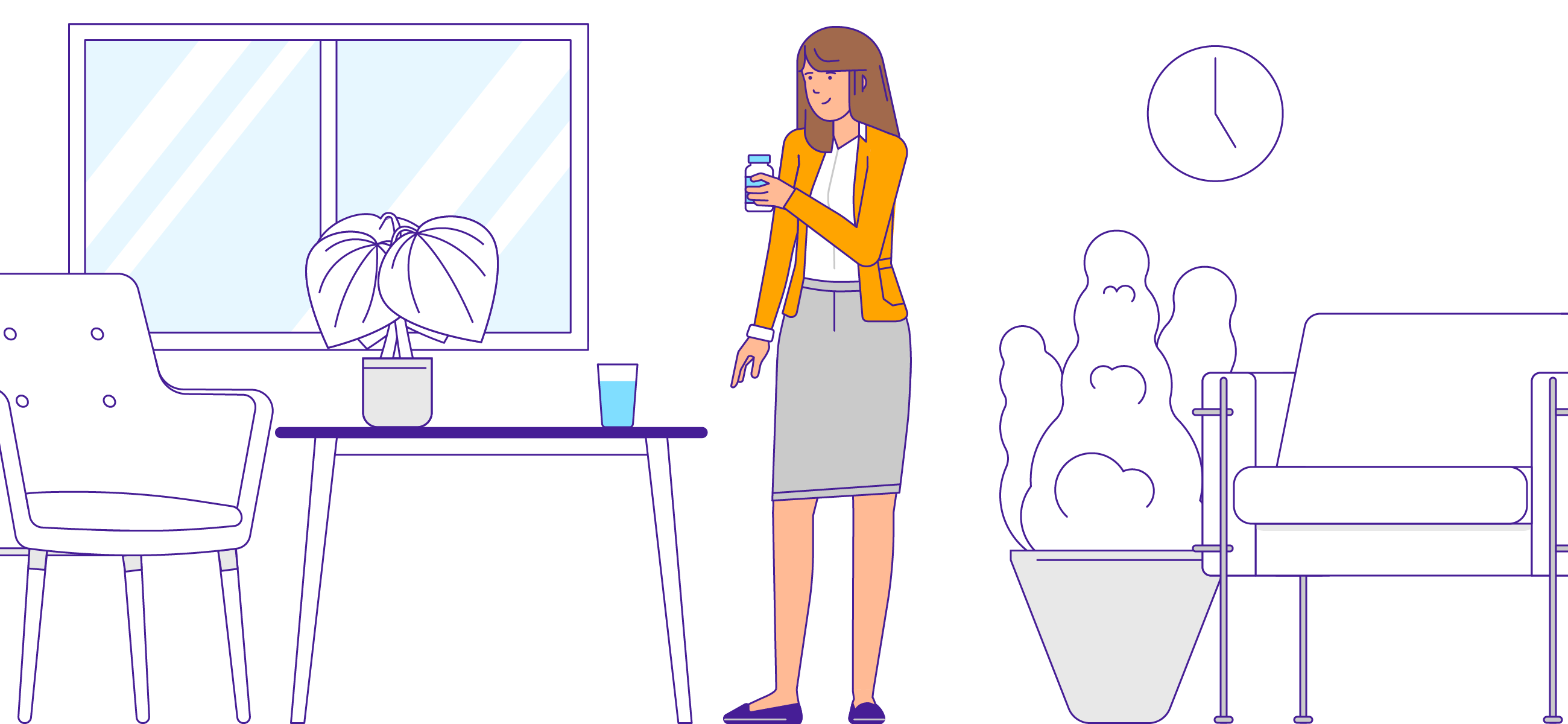 A woman is standing in her home and holding a pill bottle. She is wearing a gray skirt and a yellow sweater over a white dress shirt.