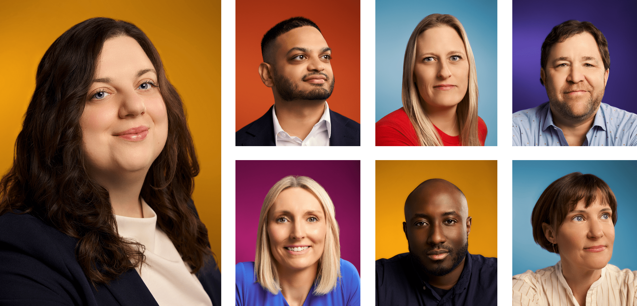 A collage of seven studio portraits featuring a diverse group of Cencora team members