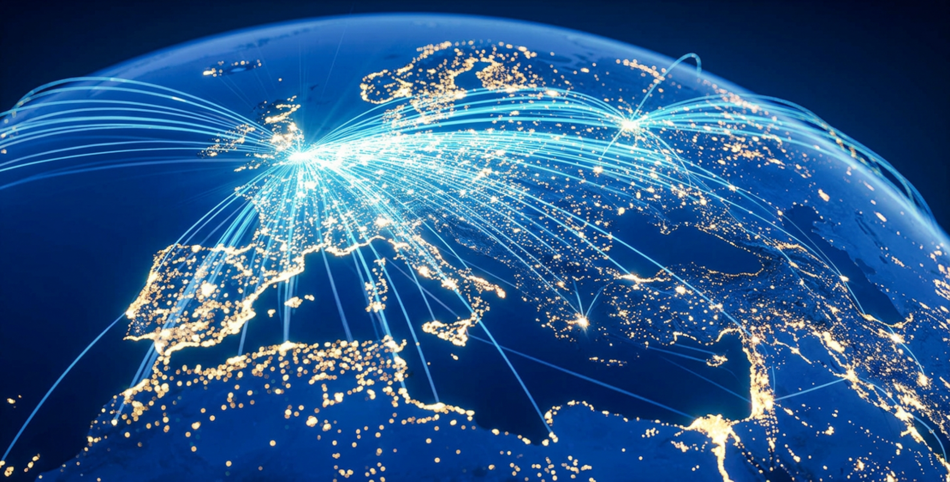 A view of Earth from space with cities glowing at night. Shipping trajectories are mapped out across the globe with bright blue lines fanning out from central hubs.