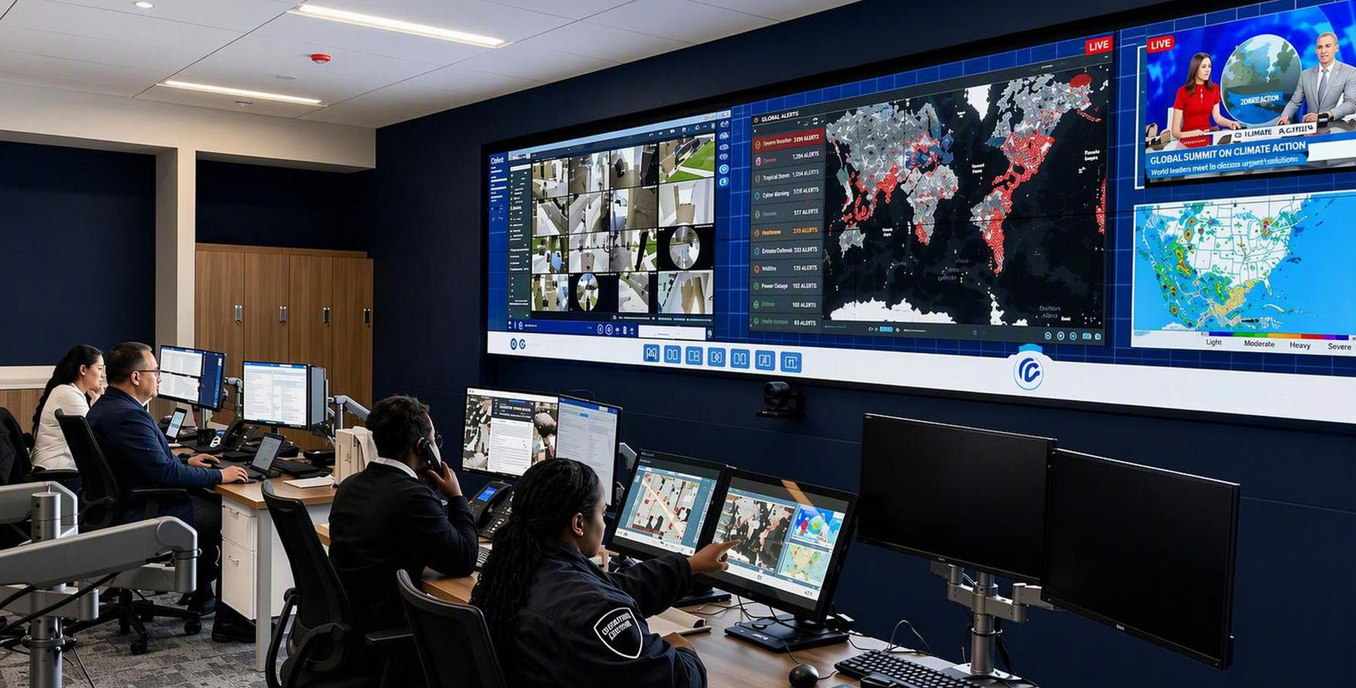 In Cencora's Global Watch Center, two men and two women study multiple monitors and interpret data from multiple sources, including television news, private security footage, and other online sources. A large monitor covers an entire wall.