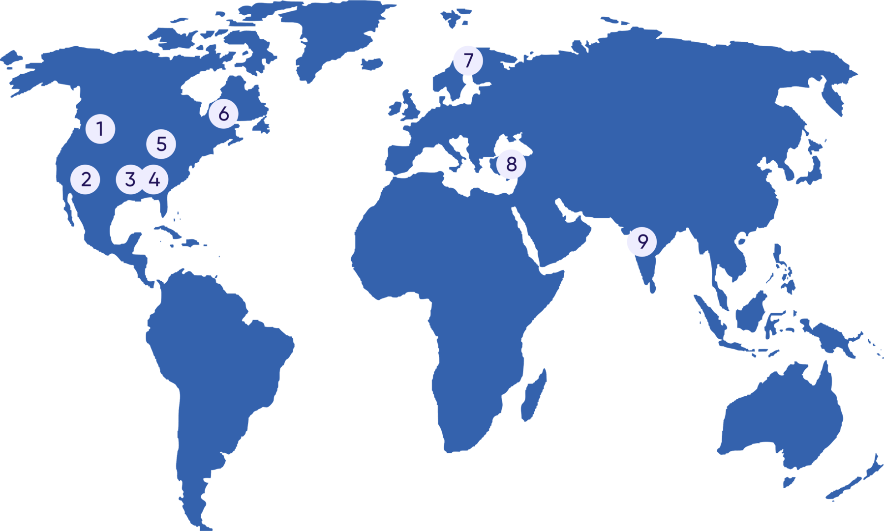 A modern, minimalist world map with bold colors and clean lines, accented by a purple location pin indicating a notable location