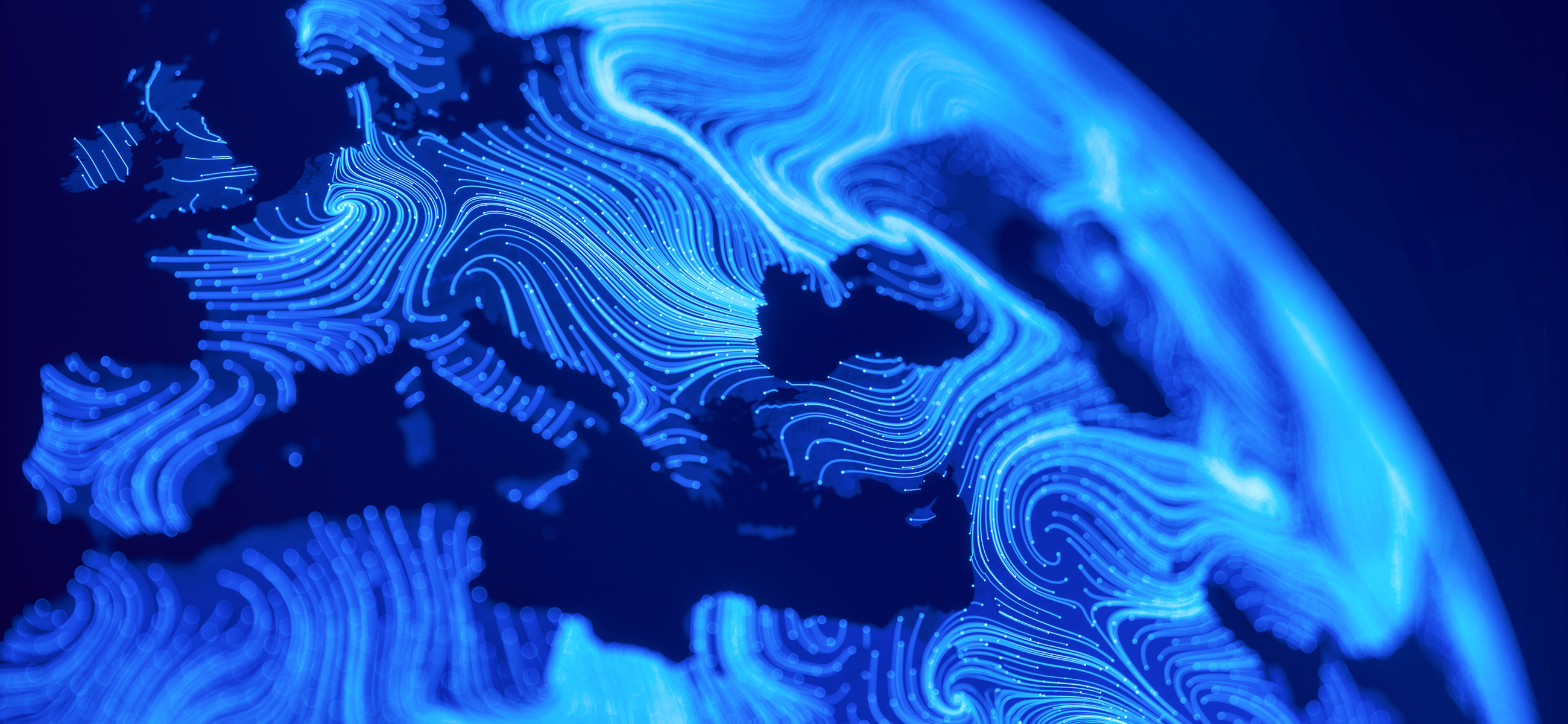 A digital representation of a globe drawn in glowing blue lines on a dark blue background.