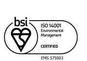 BSI certification badge in black and white. Displays the BSI logo with a heart symbol, text reading "ISO 14001 Environmental Management Certified," and certification number EMS 575003.