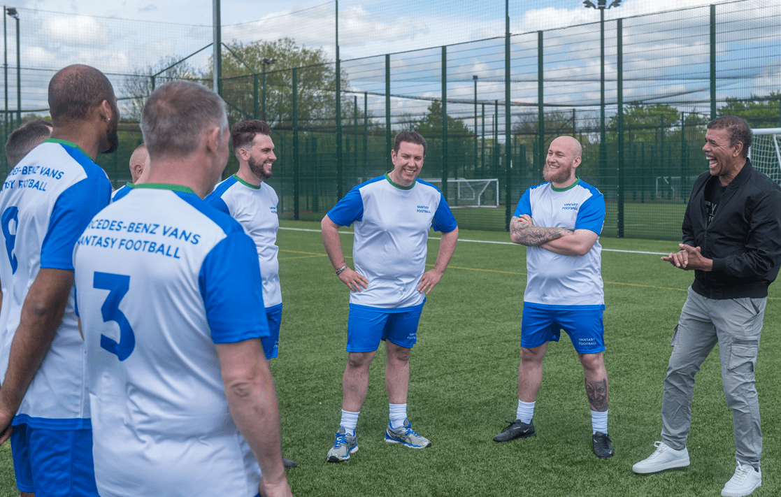 Alliance Healthcare delivery drivers with Chris Kamara at the Vantasy Football coaching session