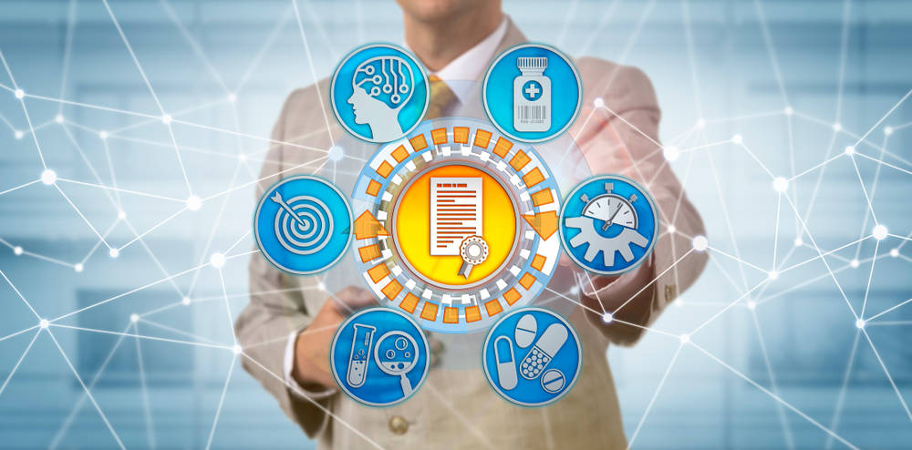 Man with digital corporate symbols